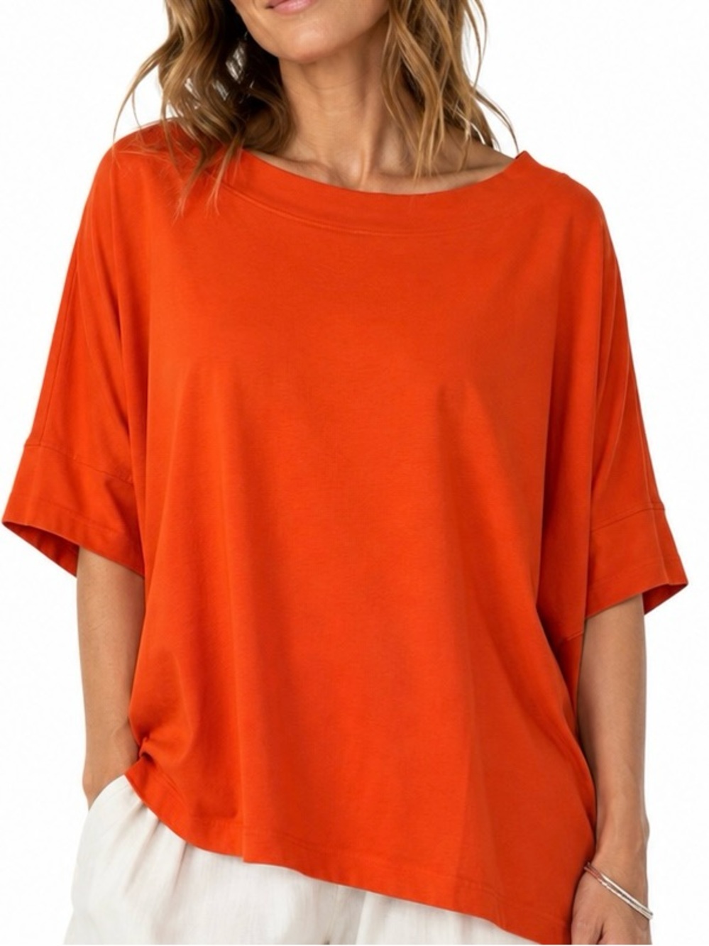 PLANET by Lauren G Pima Cotton Boxy Boat Neck Top Orange One Size OSFM
